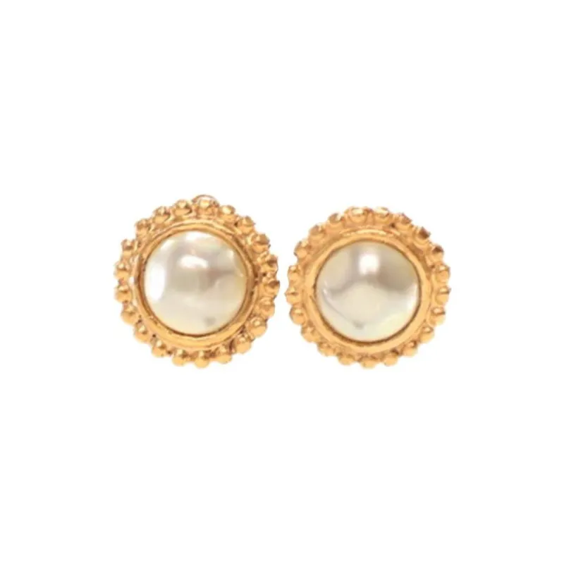 CHANEL 1980-1990 Plated Faux Pearl Clip On Drop Costume Earrings-2