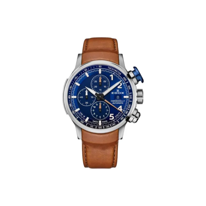 EDOX Automatic Mechanical Movement Unisex Watch 45mm Blue Dial Titanium Watch Case Leather Watch Bands-0
