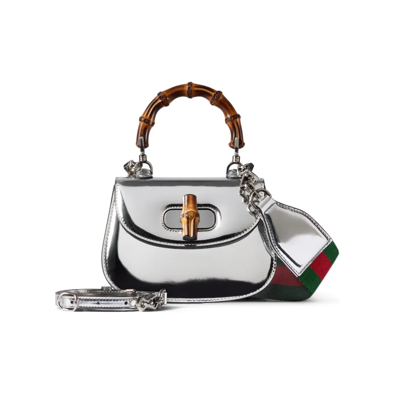 GUCCI Bamboo 1947 Leather Shoulder Bag Crossbody Bag Handbag Mini Women's Silver-1