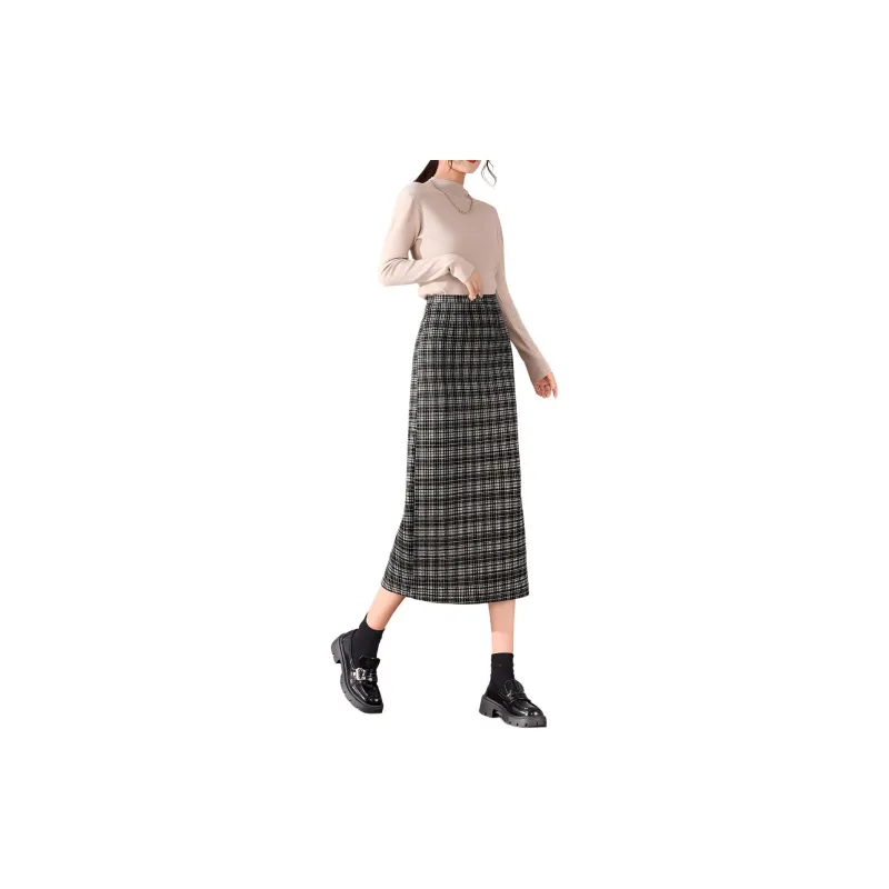 Weixi Casual Long Skirts Women's Black White Plaid-1