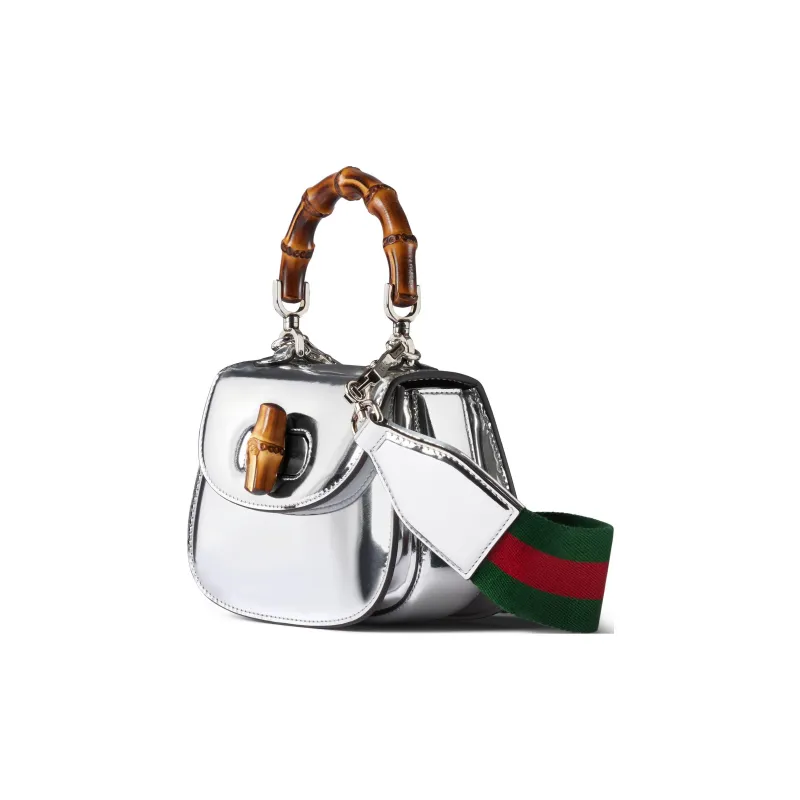 GUCCI Bamboo 1947 Leather Shoulder Bag Crossbody Bag Handbag Mini Women's Silver-2