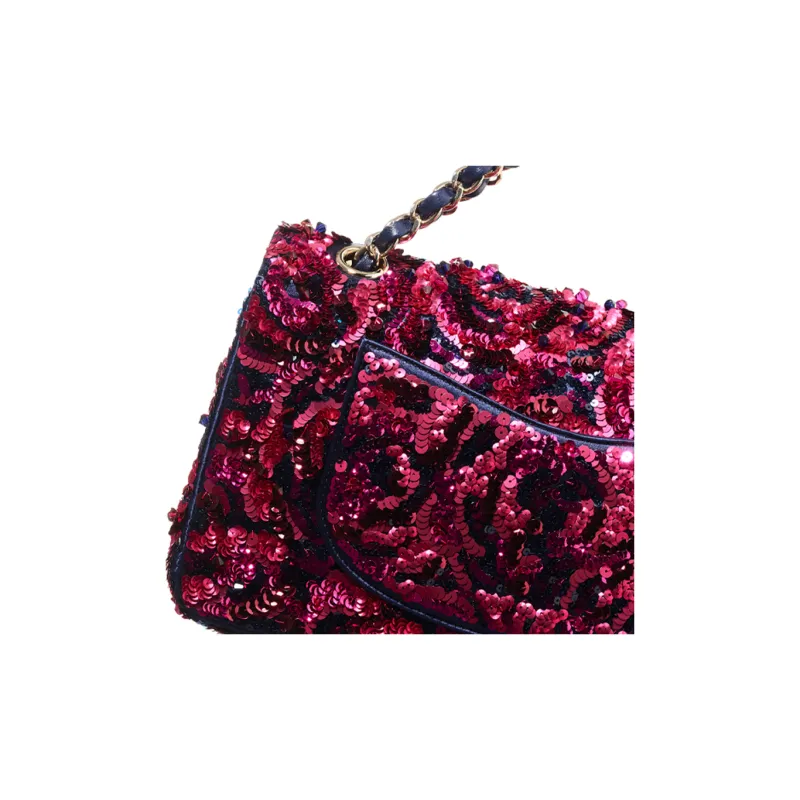 CHANEL Classic Flap CF21K Winter Embroidered Satin Shiny Shoulder Bag Crossbody Bag Handbag Women's Pink Navy-3
