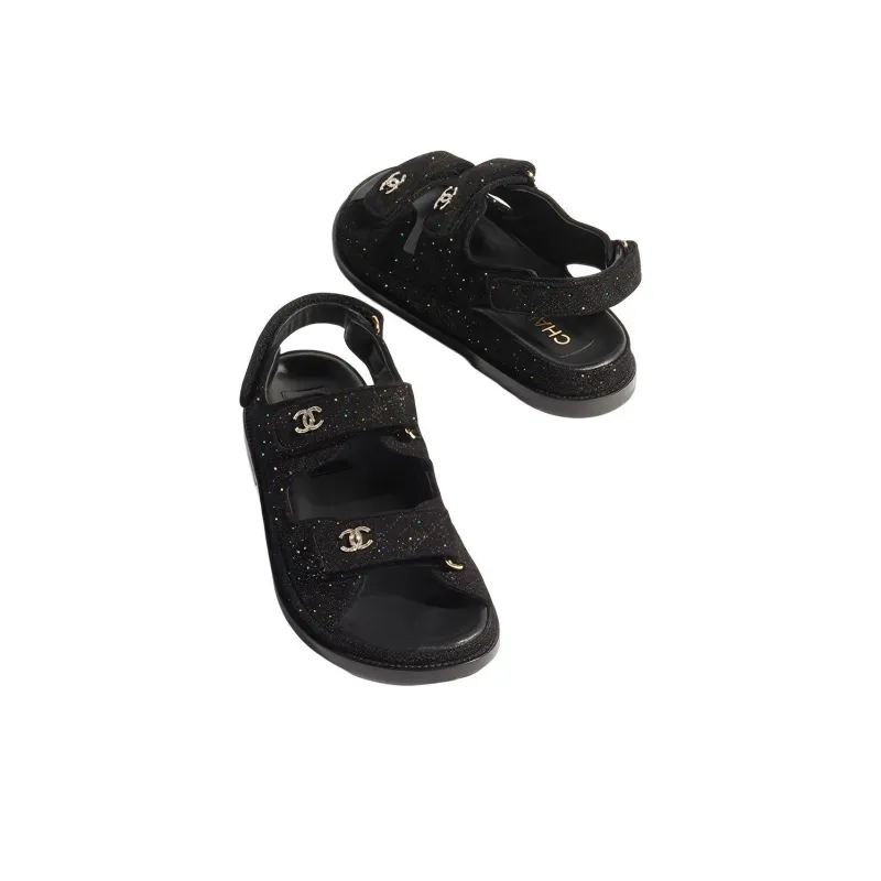 CHANEL Sparkle Sandal Black Silver Suede Kidskin-3
