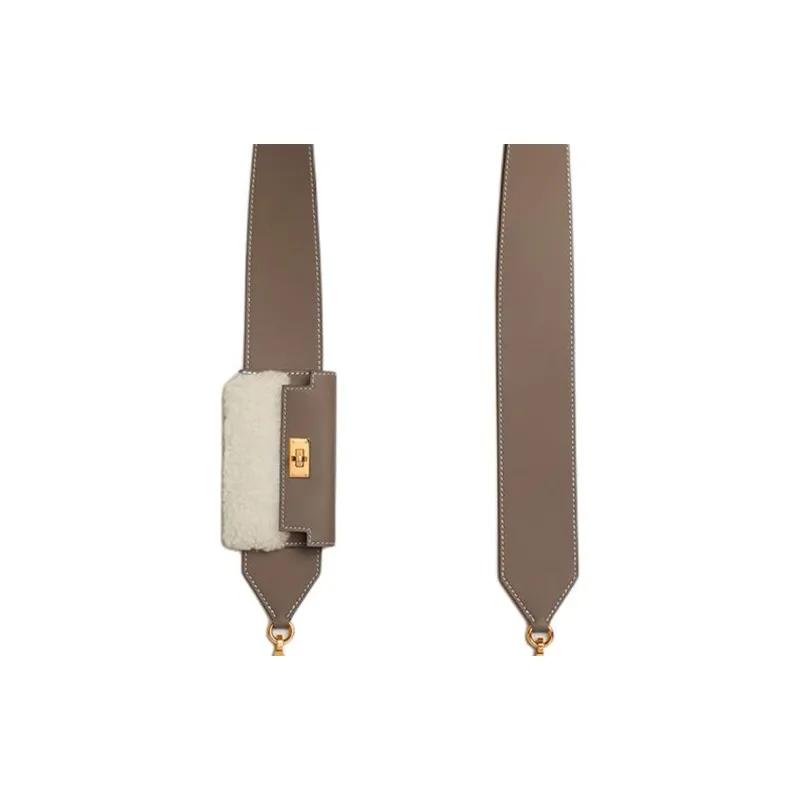 HERMES Kelly Pocket Swift Calfskin With Shearling Bag Shoulder Strap Women's Elephant Gray With Light Beige-4