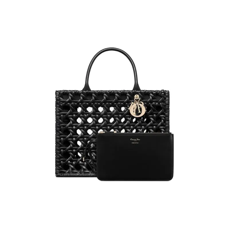 DIOR Wicker Pattern Woven Calfskin Tote Bag, Shopping Bag, Handbag Medium Size Women's Black-1