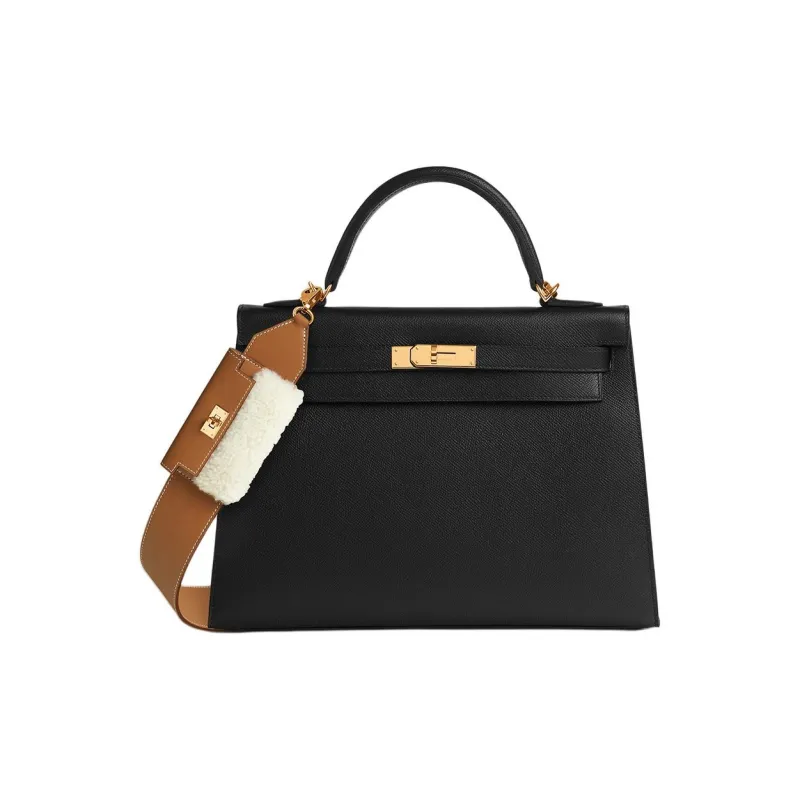 HERMES Kelly Pocket Swift Calfskin With Shearling Bag Shoulder Strap Women's Elephant Gray With Light Beige-1