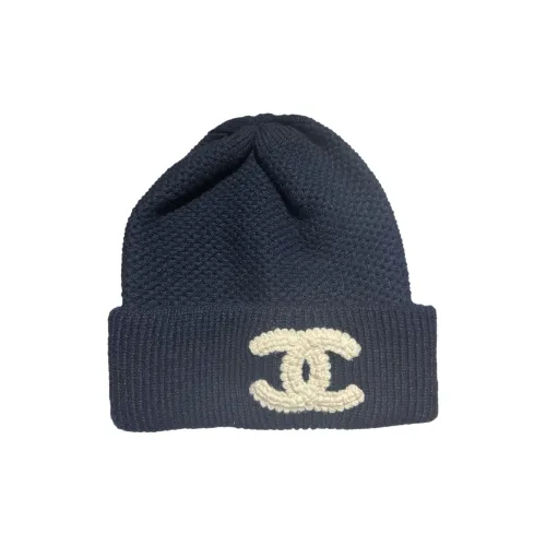 CHANEL Knitted Fabric Cashmere Beanies Women's Black/Dark Blue