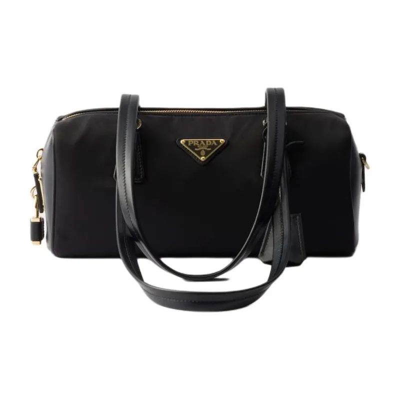 PRADA Recycled Nylon With Patchwork Leather One Shoulder Handbags Medium Size Women's Black-0