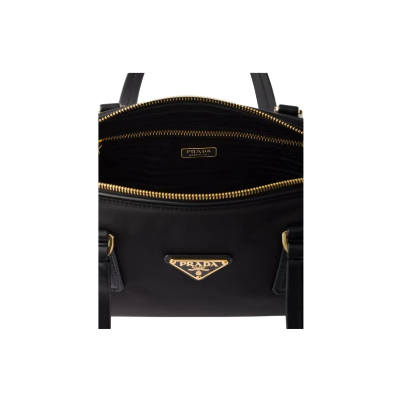 PRADA Recycled Nylon With Patchwork Leather One Shoulder Handbags Medium Size Women's Black-4