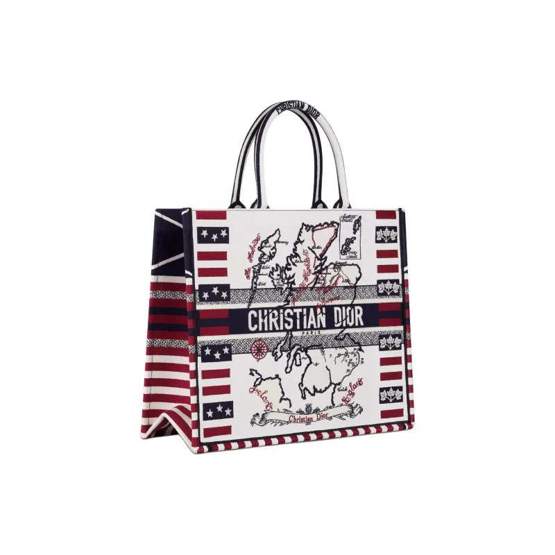 DIOR Cotton Tote Bag Shopping Bag Handbag Large Size Women's White & Red-1