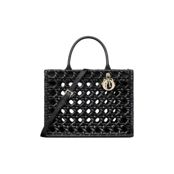 DIOR Wicker Pattern Woven Calfskin Tote Bag, Shopping Bag, Handbag Medium Size Women's Black