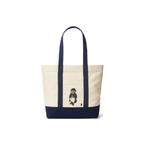 Polo Ralph Lauren Fabric Tote Bag Shopping Bag Shoulder Bag Handbag Medium Size Women's Light Brown & Dark Blue