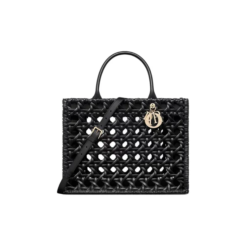 DIOR Wicker Pattern Woven Calfskin Tote Bag, Shopping Bag, Handbag Medium Size Women's Black-2