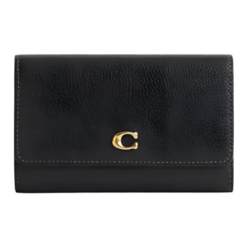 COACH Polished Pebble Leather Wallet Medium Size Women's Black