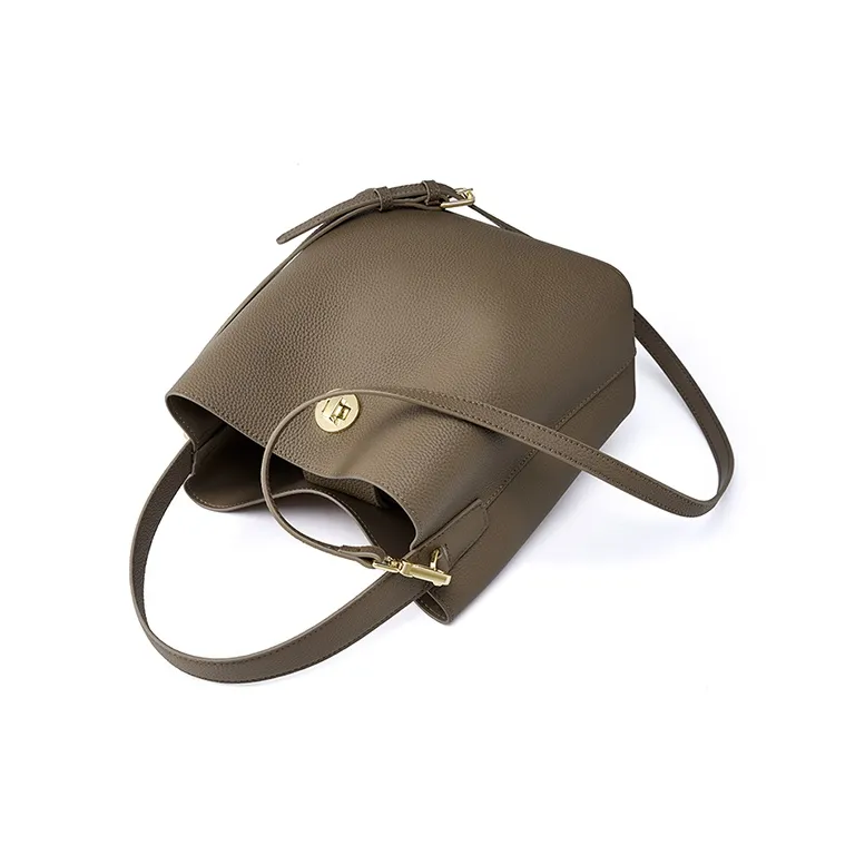 Carnival Keep Top Grain Cow Leather Bucket Bag Shoulder Bag Handbag Regular Women's Khaki/Black-3