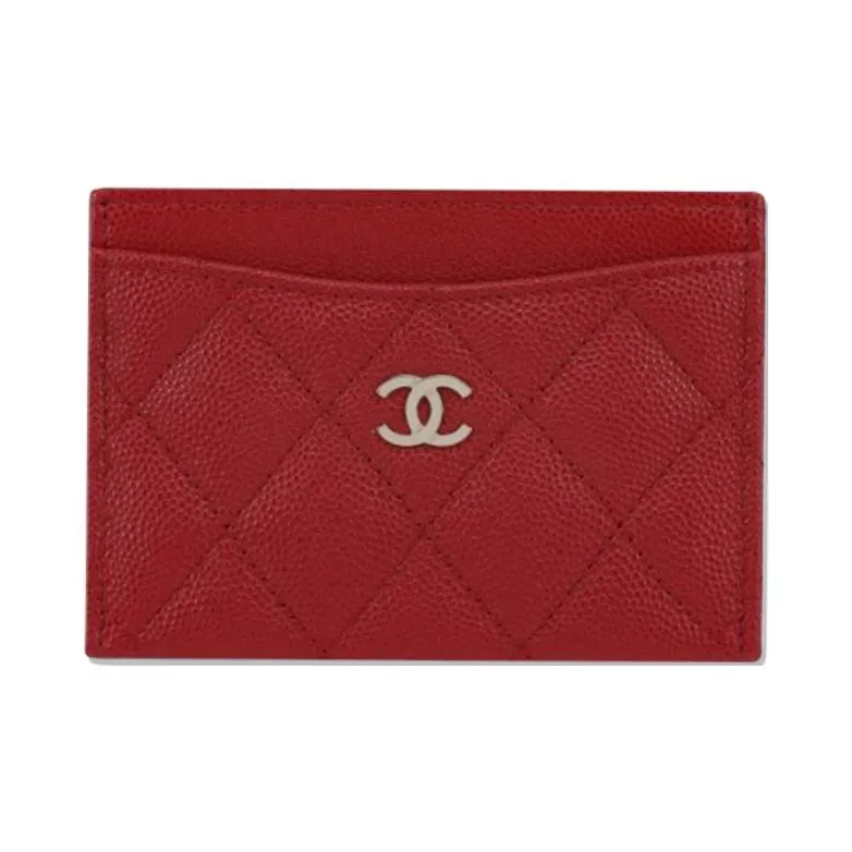 CHANEL Grained Shiny Calfskin Coin Purses Card Holders Women's Red-0