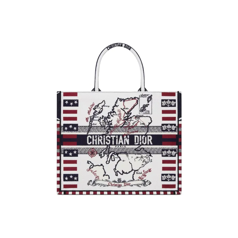 DIOR Cotton Tote Bag Shopping Bag Handbag Large Size Women's White & Red-0