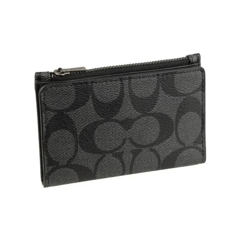 COACH Signature Coated Canvas And Smooth Calfskin Card Holder, Wallet Regular Men's Black-1