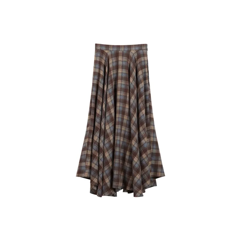 NancyCavally Casual Long Skirts Women's Blue Brown Plaid-1