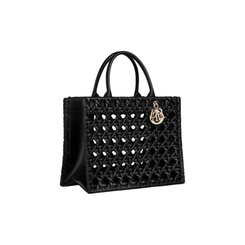 DIOR Wicker Pattern Woven Calfskin Tote Bag, Shopping Bag, Handbag Medium Size Women's Black-4