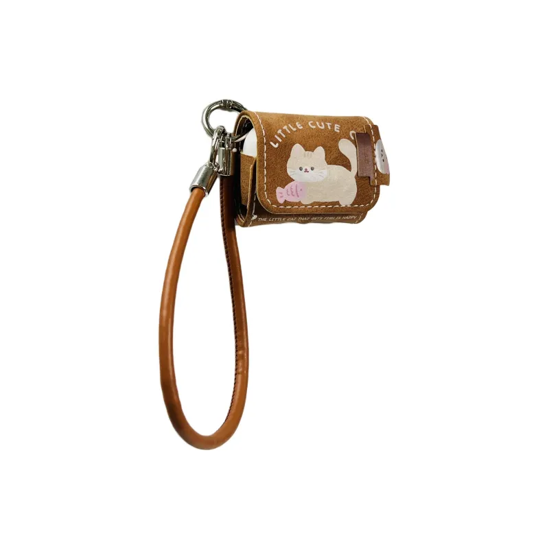 Wei Xin Compatible With Apple AirPods 4/AirPods Pro 2/AirPods 3 Leather Brown Base Cat Lanyard Headphone Cases-1