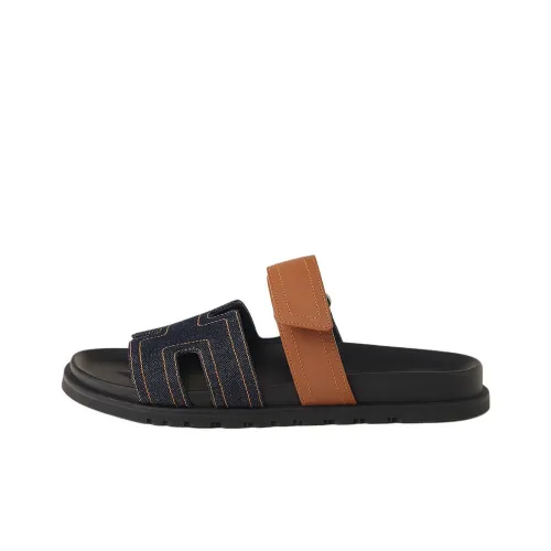 HERMES Chypre Slide Slippers Men's Black Orange