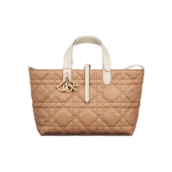 DIOR Extra Large Wicker Pattern Cow Leather One Shoulder Handbags Medium Size Women's Cookie & Beige Brown