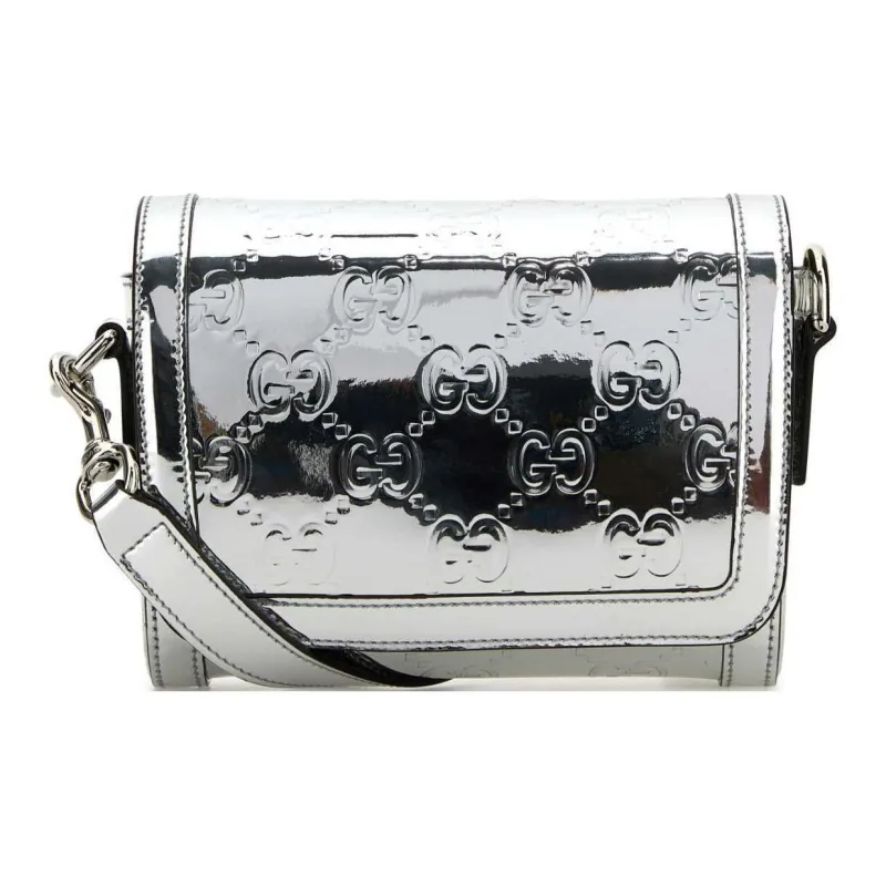 GUCCI Leather Shoulder Bag, Crossbody Bag Men's Silver-0