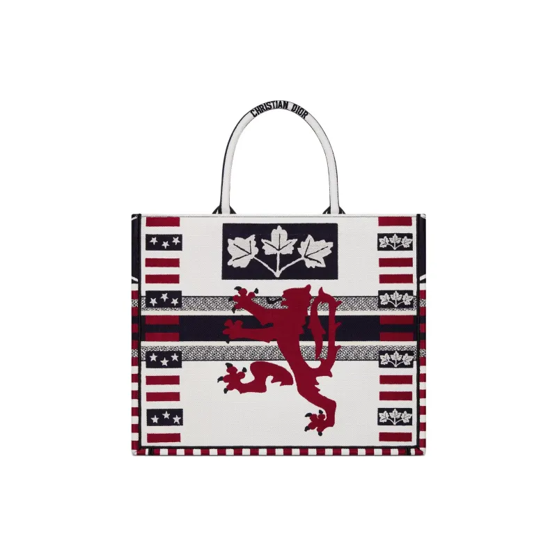 DIOR Cotton Tote Bag Shopping Bag Handbag Large Size Women's White & Red-2