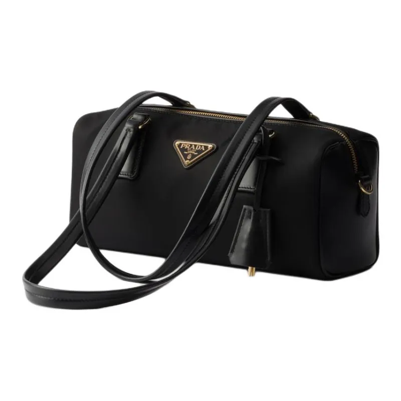 PRADA Recycled Nylon With Patchwork Leather One Shoulder Handbags Medium Size Women's Black-1