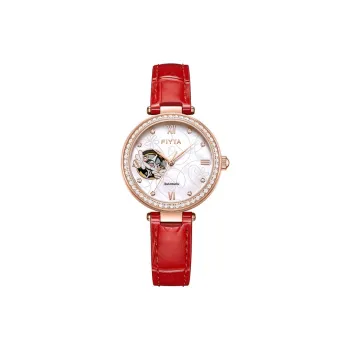 Fiyta Allure Series LA865009.PWRD Automatic Mechanical Movement Cow Leather Strap Watch Women's Watch Cut Out Dial