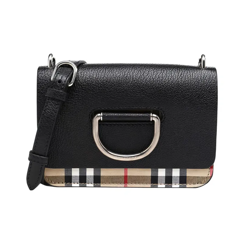 Burberry Vintage Plaid Patchwork Leather Hoop Bag Shoulder Bag Crossbody Bag Mini Women's Black-0