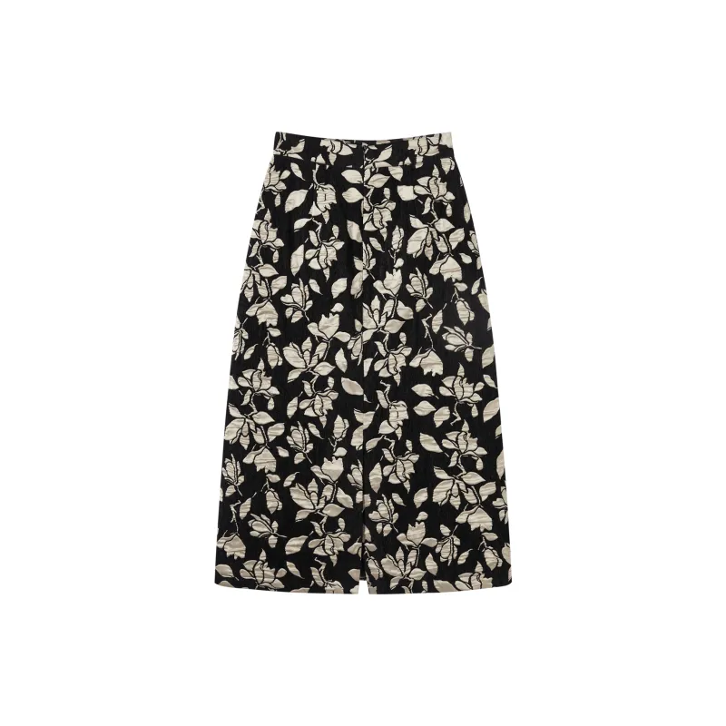 DIALOGUE Casual Long Skirts Women's Black Background Beige Jacquard-1