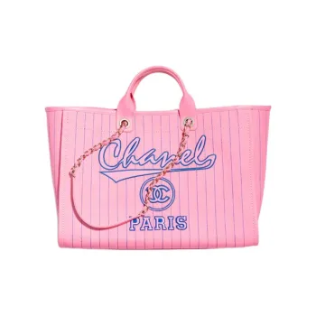 CHANEL Cotton With Calfskin Tote Bag Shopping Bag Handbag Extra Large Women's Pink/Blue