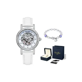 AOUKE Mechanical Movement Genuine Leather Strap Watch Women's Watch White Dial