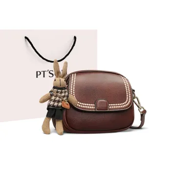 PT'SON Cow Leather With Synthetic Leather Shoulder Bag, Crossbody Bag, Small Round Bag Regular Women's Coffee