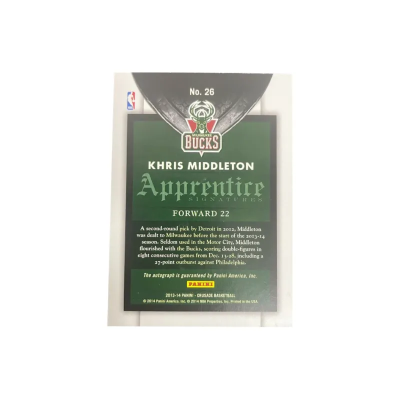 PANINI Khris Middleton 2013 14 Bucks Signature Card Large Scale Star Card Pass Sports Cards 1 Pc-1