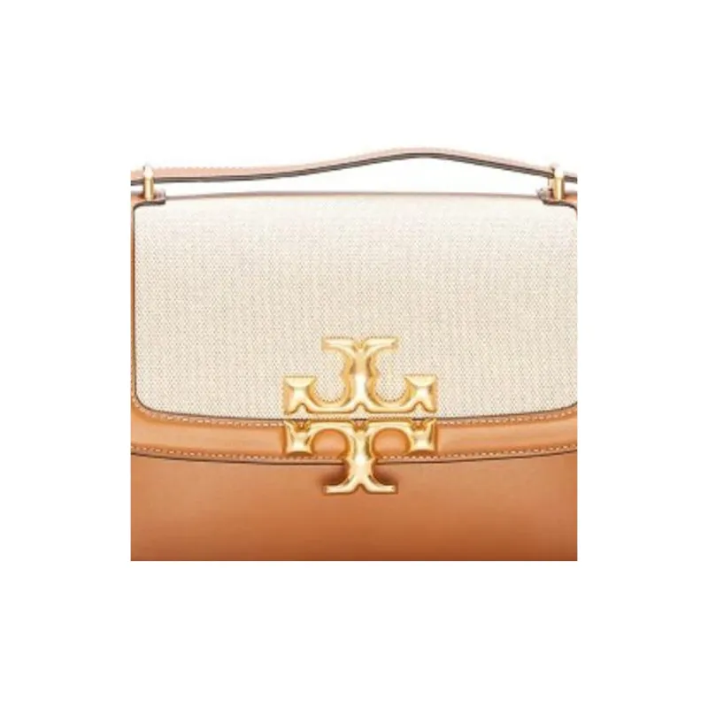 TORY BURCH Eleanor Cow Leather Canvas Shoulder Bag, Crossbody Bag Regular Women's Brown/Beige-2