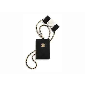 CHANEL Lambskin Card Holder Necklace Pouch Regular Women's Black