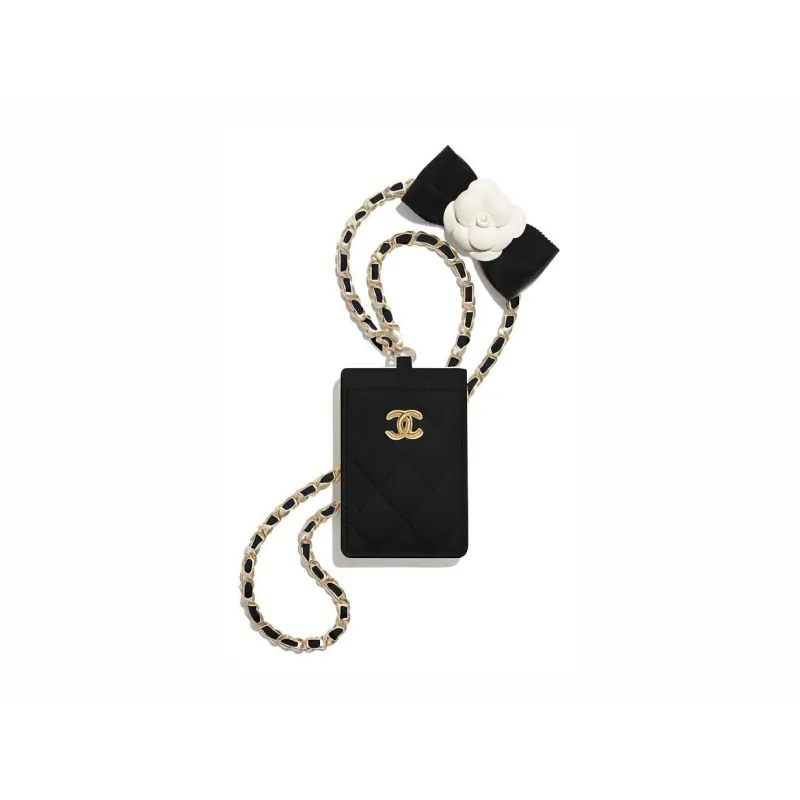 CHANEL Lambskin Card Holder Necklace Pouch Women's Black-0