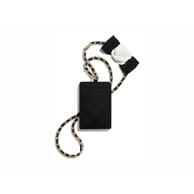 CHANEL Lambskin Card Holder Necklace Pouch Women's Black-1