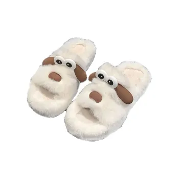 JINGEYU Winter Cute Versatile Big Eye Dog Fuzzy Slippers Indoor Home Slide Slippers