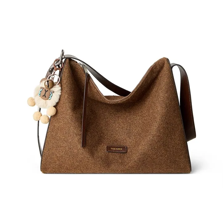 Teenmix Cashmere With Cow Leather Messenger Bag, Shoulder Bag Tubas Women's Red Brown-1