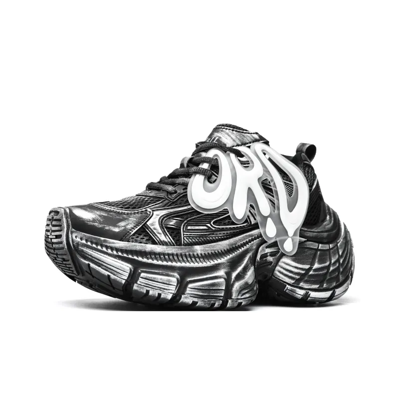 ORD Chunky Sneakers Unisex Low Top Black White Distressed-1
