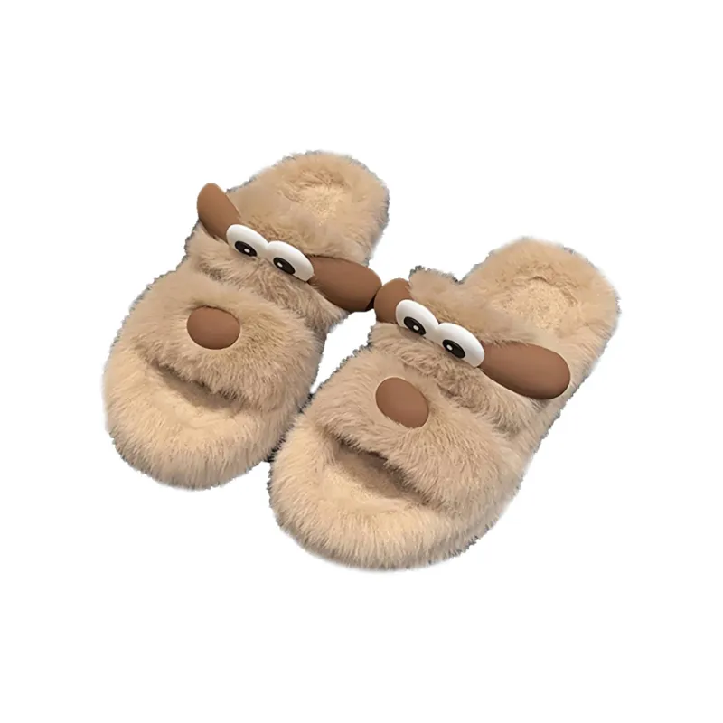 JINGEYU Winter Cute Versatile Big Eye Dog Fuzzy Slippers Indoor Home Slide Slippers-8