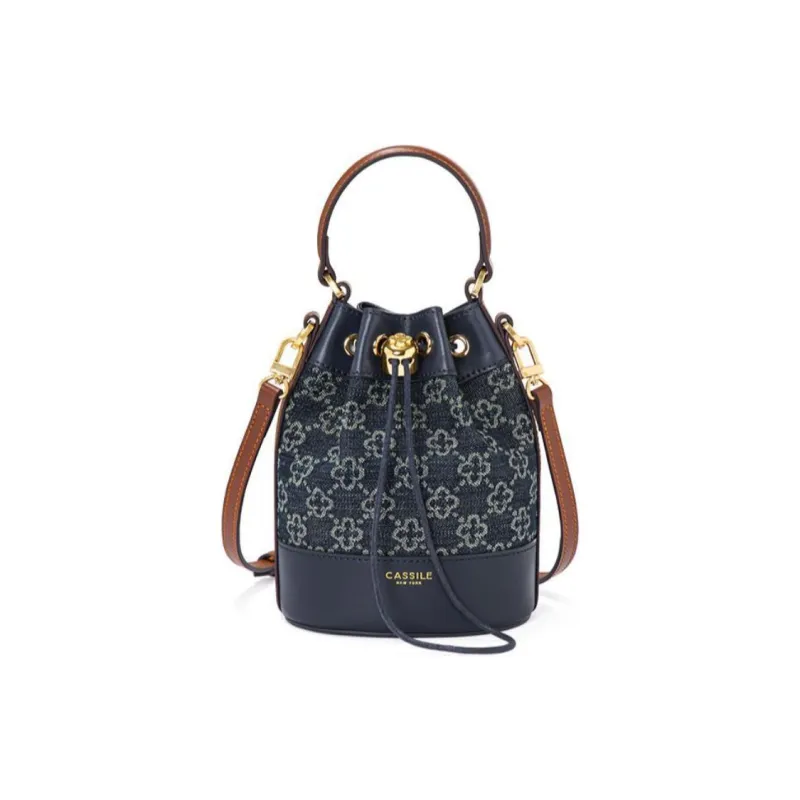 CASSILE Denim One Shoulder Crossbody Small Bag Portable Denim Canvas Bag Small Size Women's Royal Blue With Cognac-1