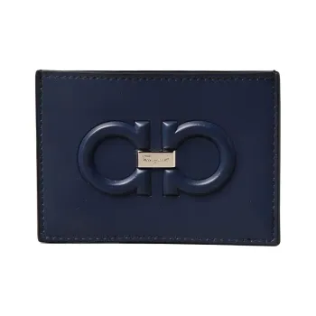FERRAGAMO Calfskin Business Card Holder Wallet Card Holder Men's Dark Blue