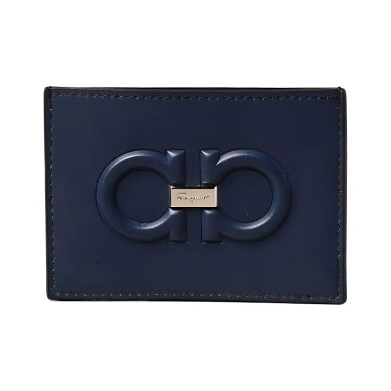 FERRAGAMO Calfskin Business Card Holder Wallet Card Holder Men's Dark Blue-0