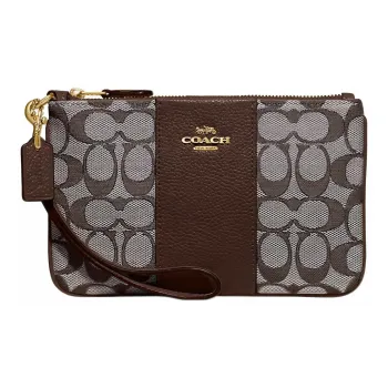 COACH Jacquard Combo Polished Pebbled Leather Mahjong Bag Clutch Coin Purse Small Size Women's Dark Gray & Brown