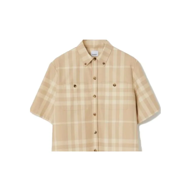 Burberry SS23 Check Stripe Single-Breasted Collar Short Sleeve Shirt Beige-5